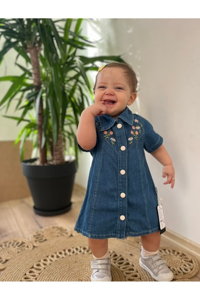 Çiçek Kız bebek Nakışlı Kot Elbise