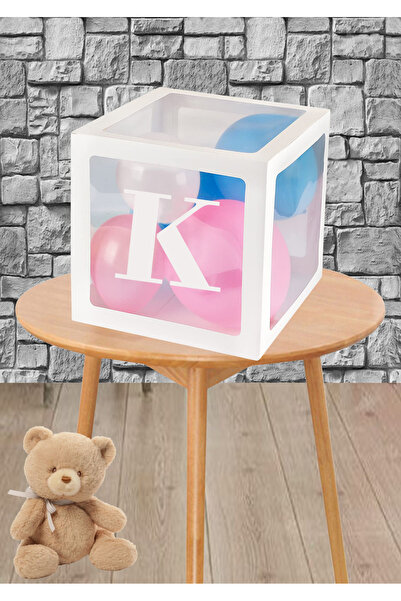 Doğumgünü Atölyem K Harfli Şeffaf Beyaz Balon Kutusu ve 5 adet Küçük Balon Se...