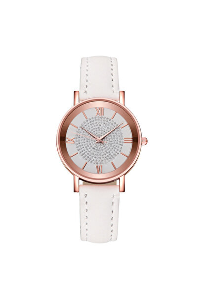 REDz Accessories Ηλιακό ρολόι, στρας, εφέ δέρματος, λευκό και ροζ χρυσό