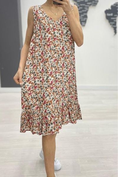AYASOFYA OTANTIK Women's Beige Patterned Skirt Ruffled Sleeveless Midi Dress