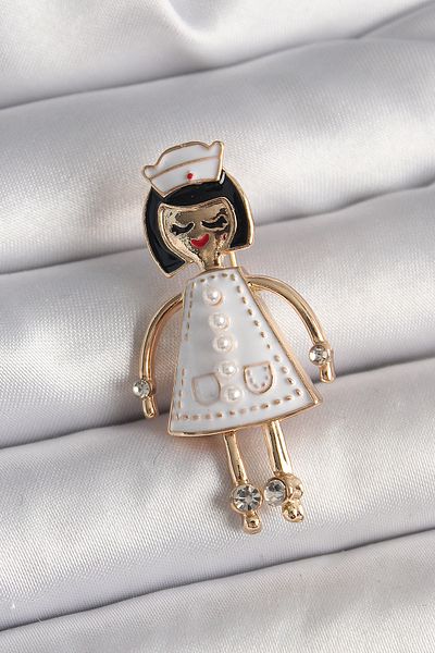 Skygo Brass Gold Color Nurse Model Pearl Zircon Stone Detail Women's Brooch - Tj-Br403