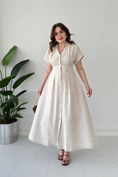 MaziButik Shoulder Lace Linen Dress Beige