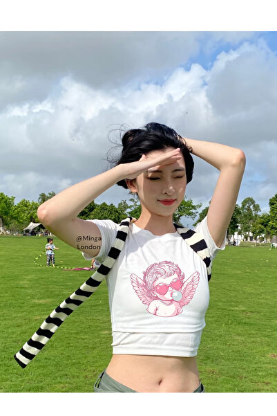 Minga London Bluză crop cu ochelari de înger alb cu inimă (crop-ul din jos nu...