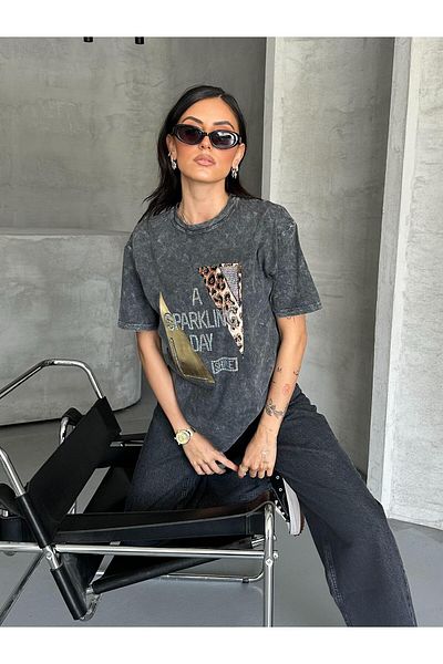 FERZOLAİO Spark Stone Leopard Detail Anthracite T-Shirt