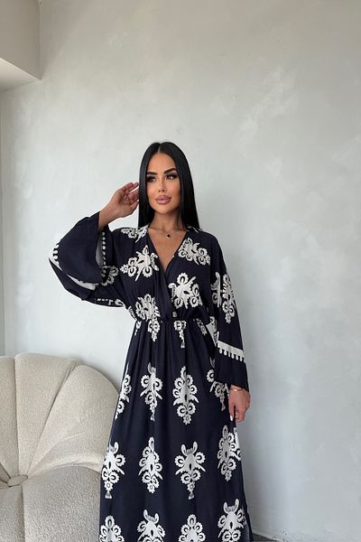 LİLA İSTANBUL Double Breasted Collar Viscose Fabric Ethnic Patterned Bat Sleeve Summer Dress