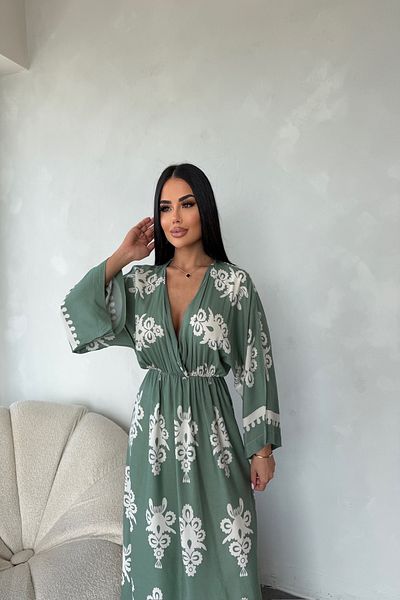LİLA İSTANBUL Double Breasted Collar Viscose Fabric Ethnic Patterned Bat Sleeve Summer Dress