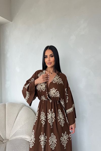 LİLA İSTANBUL Double Breasted Collar Viscose Fabric Ethnic Patterned Bat Sleeve Summer Dress