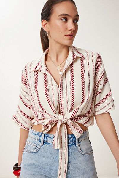 Lovelyİstanbul Καλοκαιρινή λινή μπλούζα μουσελίνα με δέσιμο λεπτομέρειας CREA...