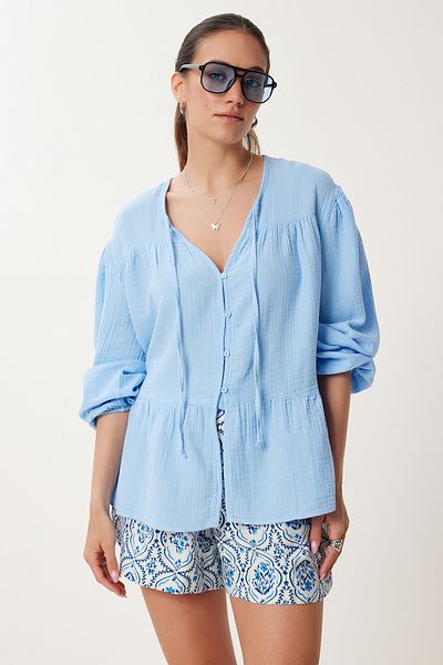 Lovelyİstanbul Cămașă de muselină cu detaliu de legare SKY BLUE LMX0076