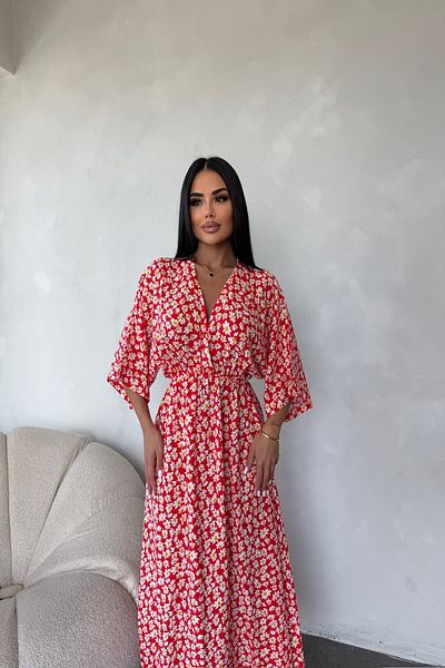LİLA İSTANBUL Double Breasted Neckline Viscose Fabric Floral Patterned Bat Sleeve Summer Dress