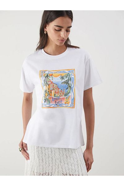 LC Waikiki Tricou de damă cu imprimeu alb cu decolteu rotund LCW Vision