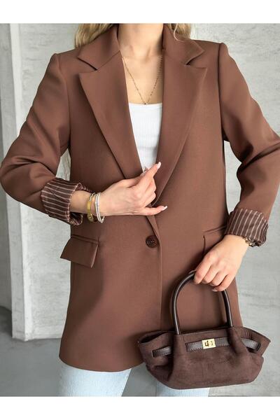 FERZOLAİO Striped Lined Brown Blazer Jacket