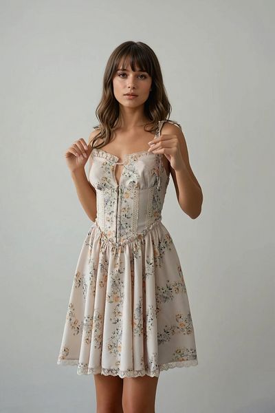 Pissos Romantic Floral Print Mini Dress with Lace Detail
