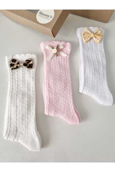 Moonys Socks Collection Fiyonk Detaylı 3’lü Kız Bebek Diz Altı Çorap Seti