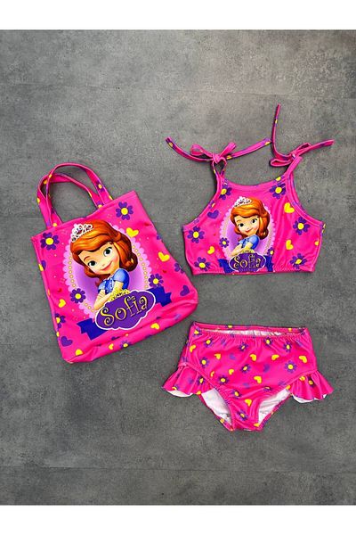 Arya Nisa Kids Girl's Princess Printed Three Piece Summer 1St Pink Bikini Swimsuit Set with Quality Mold Bag