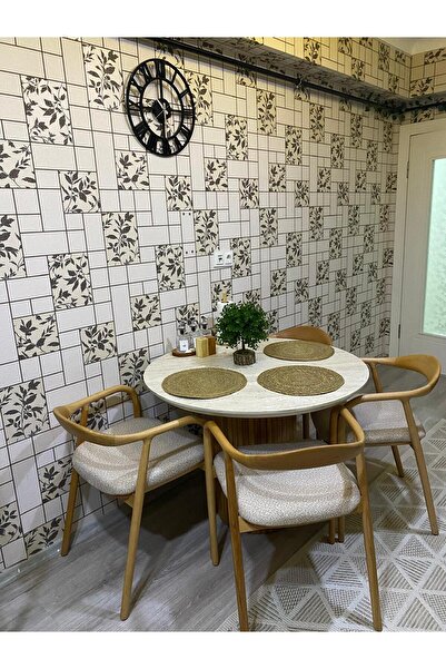 SEZBİL Yuvarlak Ahşap Bohem Masa Takımı Bohem 4 Kişilik Mutfak Masa Sandalye ...