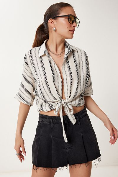 Lovelyİstanbul Lacing Detailed Summer Linen Muslin Blouse Cream Black Lmx0078