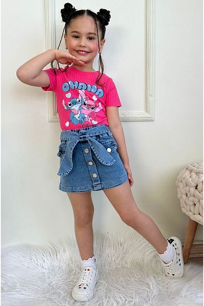 LİLLYPİCCA Ecru Crew Neck Printed Corduroy T-Shirt and Denim Skirt 2-Piece