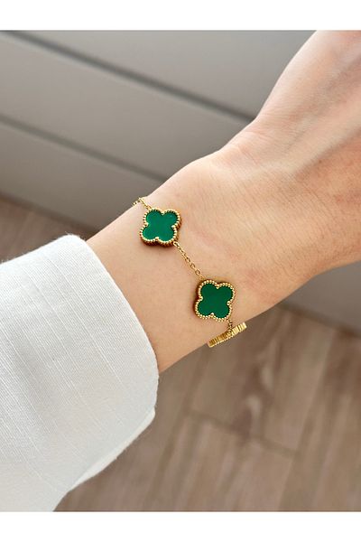 YOUES JEWELRY 316L Steel Green Clover Bracelet Women Men Unisex Bracelet Gold Double Sided Bracelet