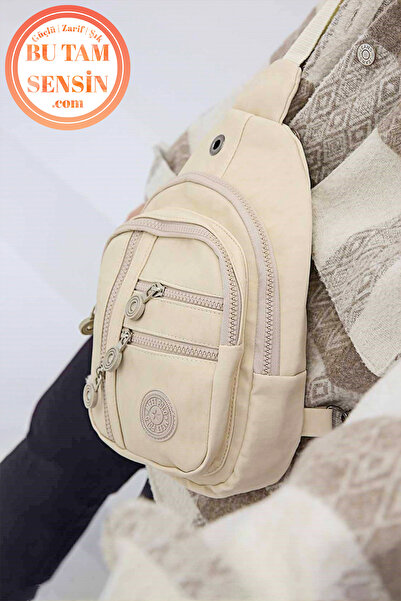 Bu Tam Sensin Krem Unisex Su Geçirmez Krinkıl Kumaşlı Fermuarlı 5 Bölmeli Çapraz Body Bag Vücut Çantası