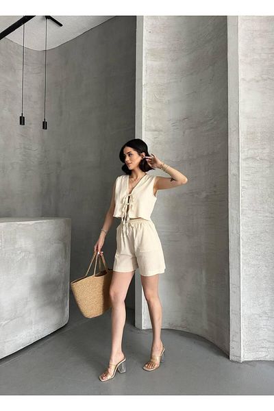 NEXUS Tie Detail Beige Sleeveless Linen Double Set