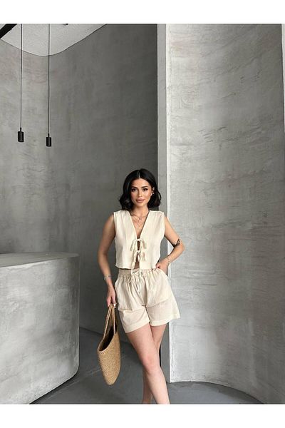 NEXUS Tie Detail Beige Sleeveless Linen Double Set