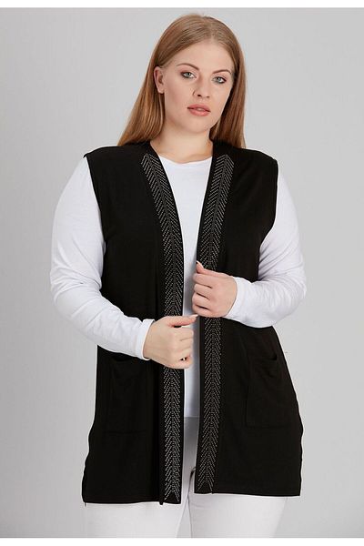 FOR ESRA BIG TREND Women's Large Size Patterned Stone Printed Pocketed Front Open Side Slit Viscose Knitted Vest