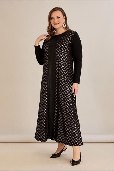 FOR ESRA BIG TREND Women's Large Size Honeycomb Pattern Print Medium Faux Leather Stretchy Maxi Length Long Sleeve Viscose Dress