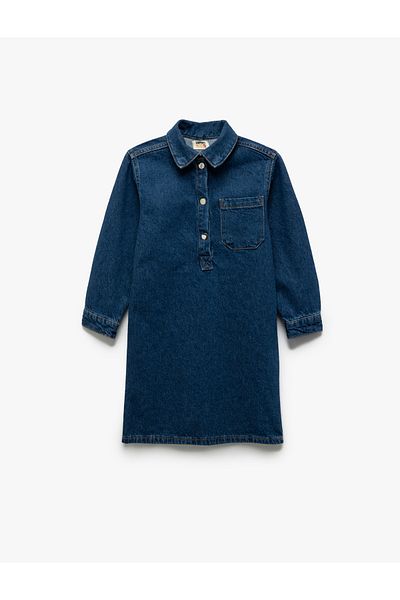 Koton Νέα σεζόν Βαμβακερή τσέπη με λεπτομέρεια Oversize τζιν πουκάμισο γιακά φόρεμα