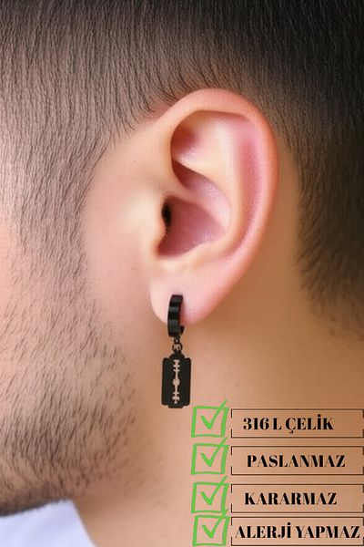 Lynare Compression Trend Magnet Razor Model Dangle Men's Steel Black Earring Ear Cuff 1 Piece