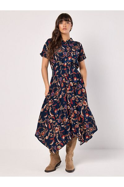 Apricot Midikleid mit floralem Hanky-Saum