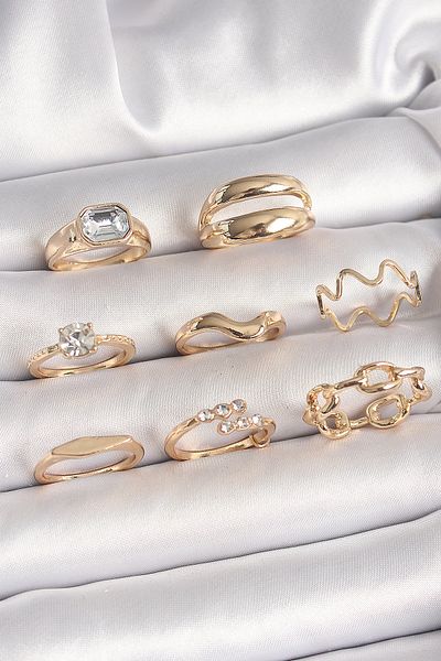 Skygo Brass Gold Color Zircon Stone Wave Model Chain Detail Women's Ring Combination - Tj-Byk3664