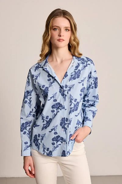Gusto Cămașă din bumbac cu model de frunze - albastru
