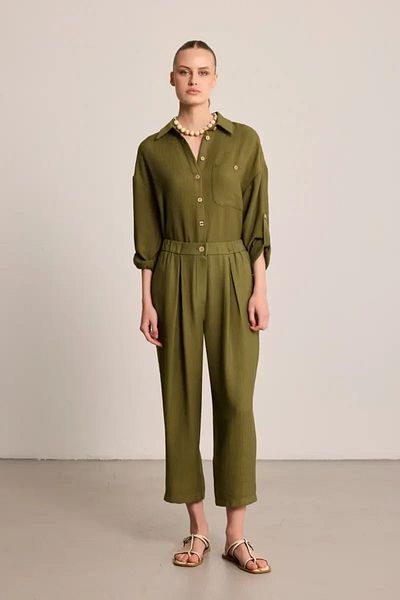 Gusto High Waist Pants with Crinkle Effect - Khaki