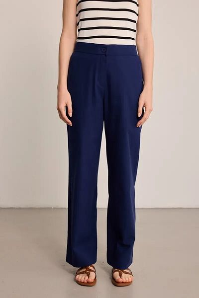 Gusto Cotton Linen Wide Leg Trousers - Navy Blue