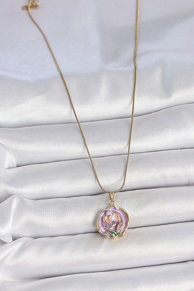 STOREMAX 316L Steel Gold Color Chain Purple Colorful Flower Embroidered Pearl Detail Portrait Model Women's Necklace - Tj-Bko10