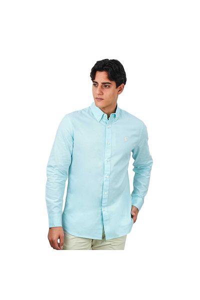Giordano Men's Cotton Oxford Shirt - Small Lion Embroidery, Slim Fit, Full Button
