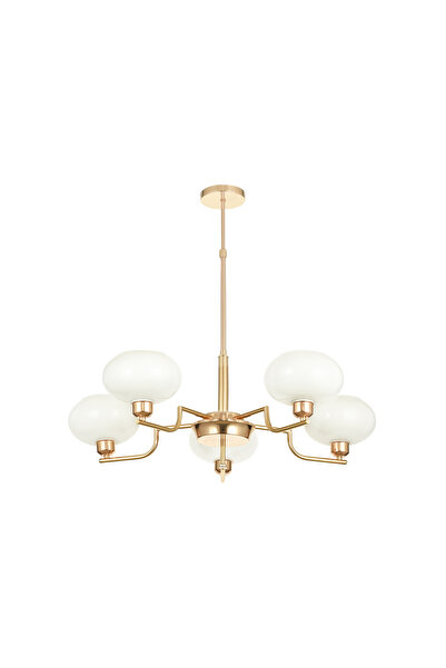 Avizemoda Vanna 5 li Beyaz Camlı Salon Oturma Odası Modern Sarkıt Avize - (Gold Kaplama)