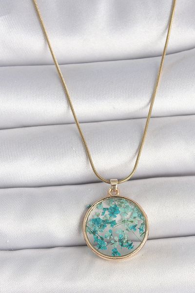 STOREMAX 316L Steel Gold Color Chain Circle Epoxy Blue Flower Leaf Model Women's Necklace - Tj-Bko10070