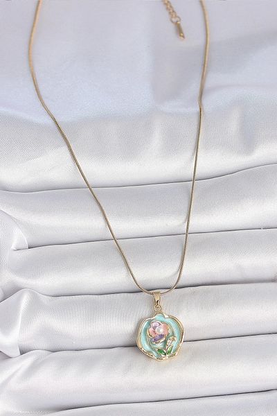 STOREMAX 316L Steel Gold Color Chain Turquoise Pink Purple Flower Embroidered Pearl Detail Portrait Model Women's Necklace - t