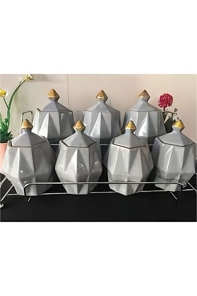 devigo 7 Piece Ceramic Spice Set |   4 Small + 3 Large Prism Jar and Stand – White with 4 Color Options
