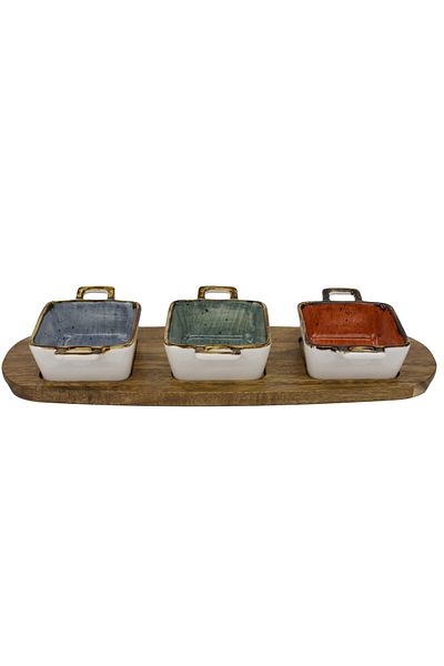 ABYZ Set of 3 Ceramic Saucers with Wooden Stand, Multicolor