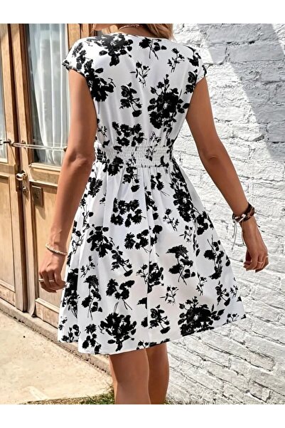 JANES Γυναικείο κοντομάνικο φόρεμα με διπλό γιακά με λουλουδάτο σχέδιο