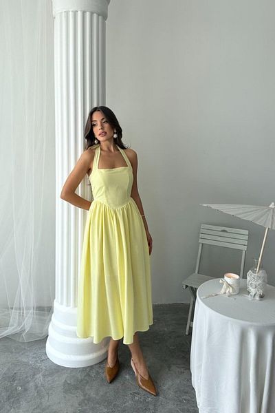 Femella Women Fashion Yellow Halter Linen Dress