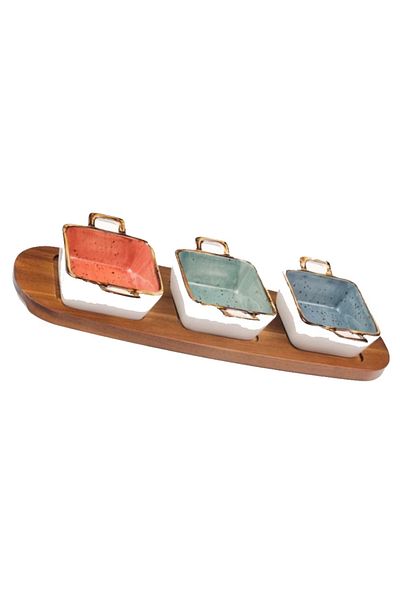 ABYZ Set of 3 Ceramic Saucers with Wooden Stand, Multicolor