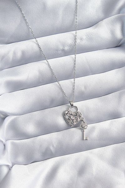 Skygo 316L Steel Chain Silver Color Zircon Stone Heart & Key Model Women's Necklace - TJ-BKO8039