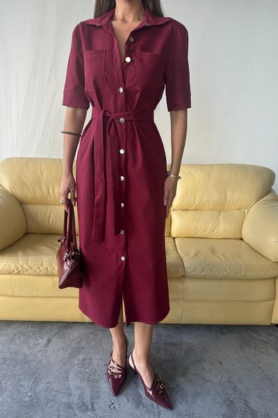 leyla sanat sanata yeni bir bakış açısı Leyla Art Art a New Perspective Front Button Short Sleeve Dress - Burgundy