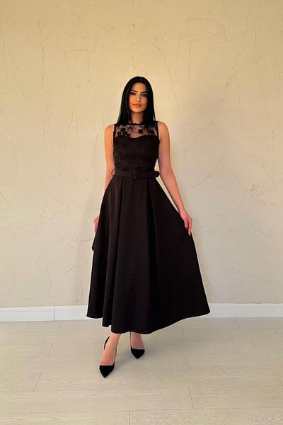 MRA Fashion Black Lace Front Belted Dress