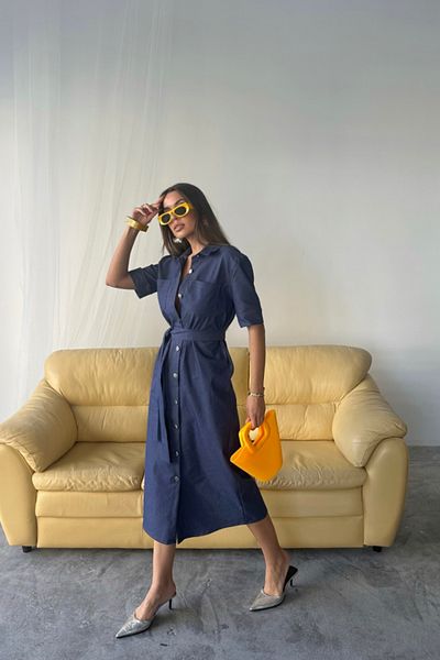 leyla sanat sanata yeni bir bakış açısı Leyla Art Art a New Perspective Front Button Short Sleeve Dress - Blue