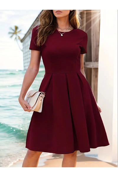 Femella Women Fashion Women's Short Sleeve Crew Neck Front Pleat Detailed Janjan Crepe Dress